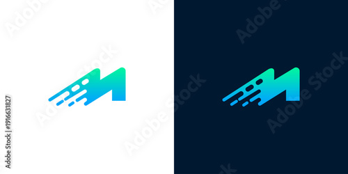 Dynamic and modern letter M logo design, featuring a vibrant green to blue gradient with an abstract motion blur effect, symbolizing speed, innovation, and digital progress for a modern brand