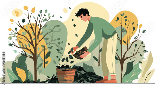 A person tending to plants amidst stylized foliage and abstract shapes