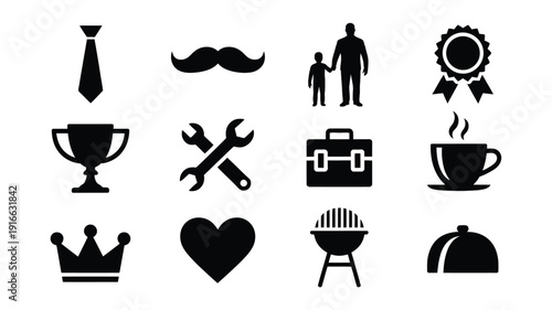 Black silhouette icons for father's day including tie mustache family award and bbq symbols