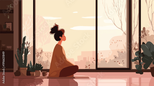 A woman meditates near a large window with plants, looking out at a hazy cityscape