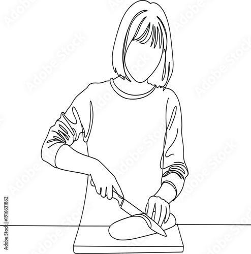 Woman Cutting Food on a Wooden Cutting Board with a Knife