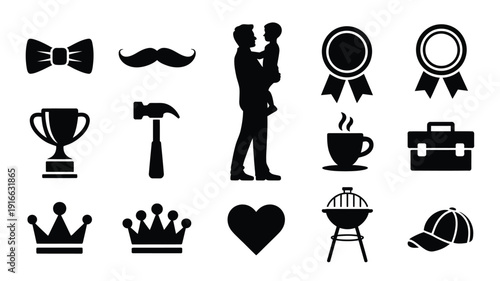 Modern father's day silhouette logo set with family gifts and symbols on white background