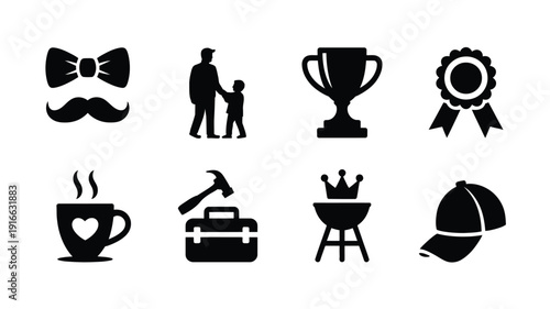 Modern father's day silhouette logo set with mustache family trophy and bbq elements for gifting and celebrations