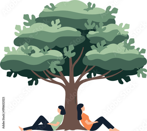 Cuadro en lienzo Couple relaxing under large tree illustration representing love, calm nature mom