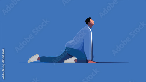 Man in blue shirt and pants performs a dynamic yoga stretch on a blue background