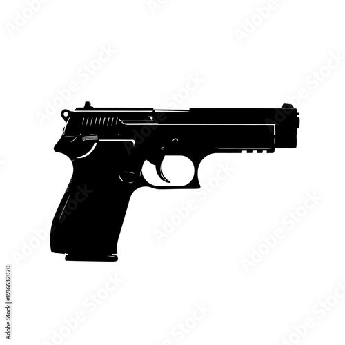 Detailed Silhouette of a Black Handgun Isolated on White Background.