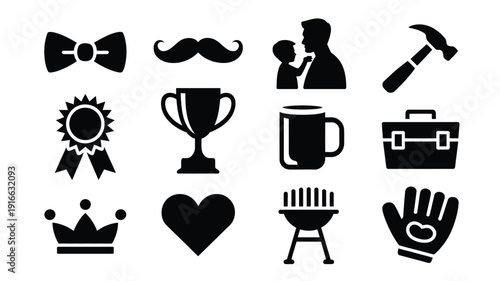 Collection of black silhouettes representing fatherhood and masculinity including symbols for celebration tools and love