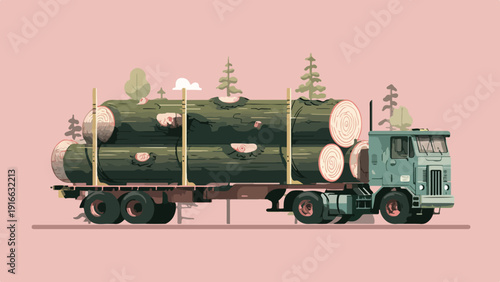 Truck carrying large tree trunks through a stylized forest landscape
