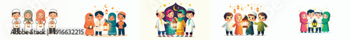 vector of muslim children standing happily holding ramadan lanterns