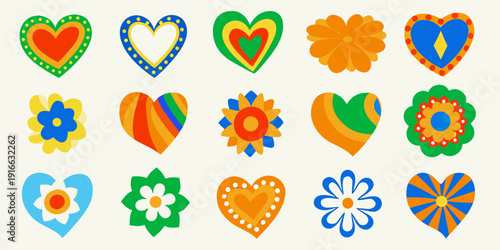 Colorful collection of stylized hearts and flowers arranged in a grid