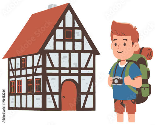 Cute Cartoon Traveler with Backpack Standing Next to Traditional Timber Frame House, Tourism Concept, Minimalist 2D Vector Illustration on White Background