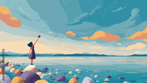 Woman reaching for ball on rocky shore with vast water and colorful sky