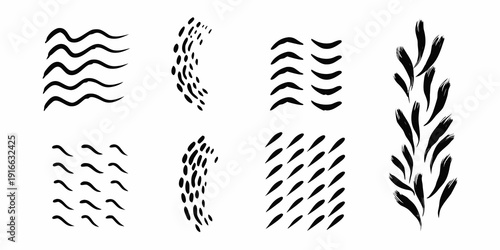 Abstract black brushstrokes arranged in varying patterns and formations