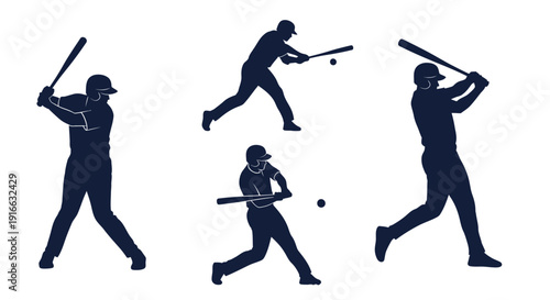 Baseball players in action showcasing different batting stances silhouette