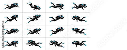 A series of illustrations featuring a scuba diver exploring underwater marine environments