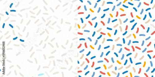 Colorful confetti pattern with scattered shapes on a white background