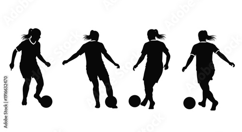 Four female soccer players in dynamic poses a striking silhouette