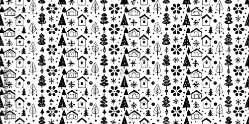 Black and white seamless pattern of houses and evergreen trees