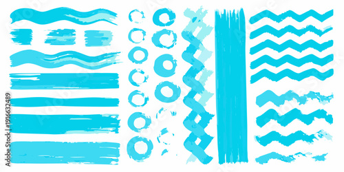 Collection of abstract turquoise brush strokes and wave patterns