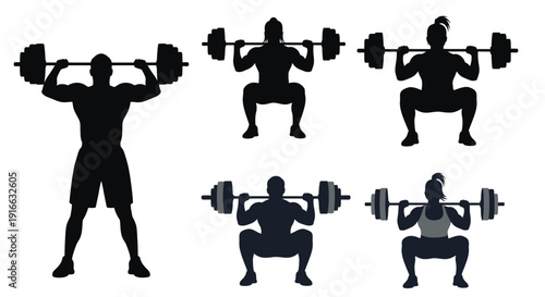 Weightlifters in various poses demonstrating strength training a black silhouette
