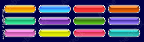 Set of Glossy Web Buttons with Chrome Metal Frames and Colorful Glass Textures for UI UX Design, Editable AI file