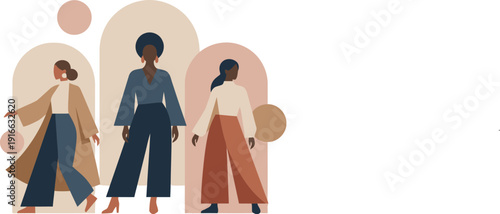 Diverse women standing together celebrating female empowerment and fashion in an abstract setting