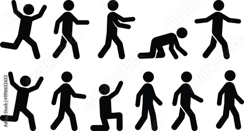 Stick Figure Human Poses Icon Set Showing Walking Jumping Crawling and Kneeling Actions Isolated on White Background