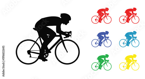 Cyclist riding a bicycle in multiple colors bold silhouette