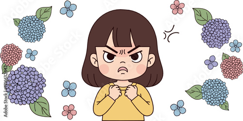 Cute angry little girl cartoon illustration with hydrangea flower wreath featuring upset child expression and pastel floral decoration