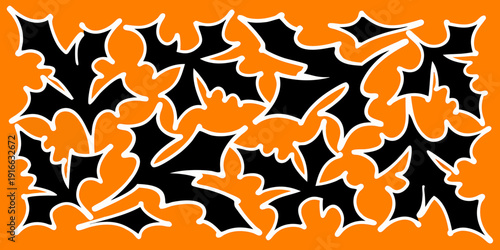 A repeating pattern of black bats against a vibrant orange halloween background