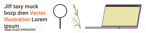 Information searching, productivity, education, digital tools, online research, botanical . A magnifying glass, flower stem and outlined laptop. Information searching and productivity concept