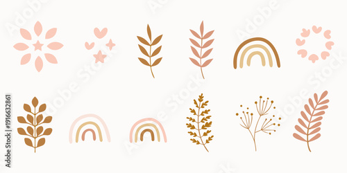 Minimalist botanical illustrations featuring floral and rainbow elements