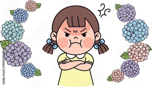 Cute angry little girl cartoon illustration with hydrangea flower frame featuring upset child expression and floral decorative border