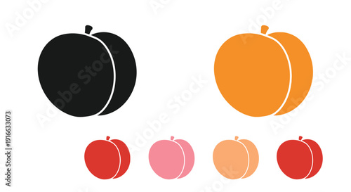 Two peaches and smaller variations in a flat graphic silhouette