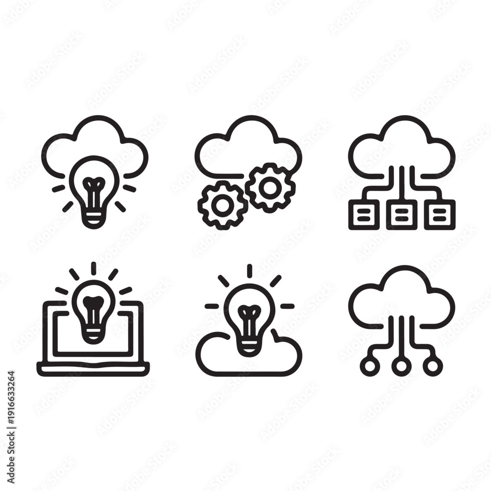 Obraz premium Cloud computing and digital idea icons set featuring lightbulbs gears and network server connections for technology and business data concepts