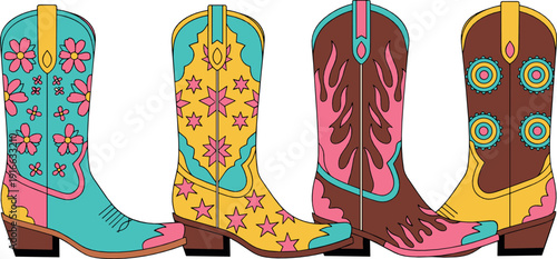 Colorful cowboy boots collection with floral and western patterns representing country fashion, rodeo style, and vintage folk design in flat vector illustration