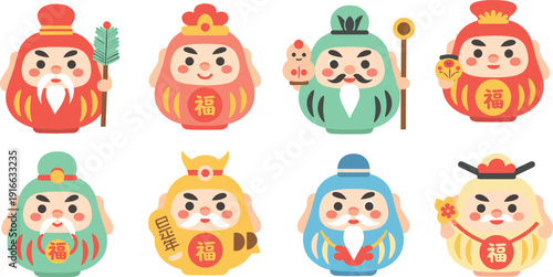 Colorful Daruma and lucky god character collection representing Japanese fortune symbols, prosperity charms, and traditional cultural icons illustrated in flat vector style