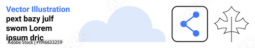 Cloud computing, social media, data sharing, sustainability, nature preservation, minimalism. Cloud, share icon and maple leaf on a white background. Cloud computing and social media