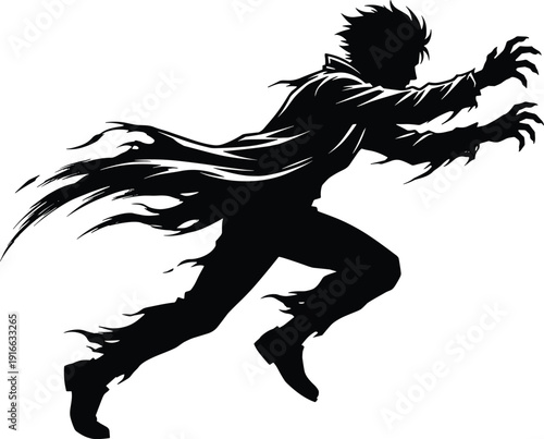Running Zombie Silhouette with Tattered Clothes and Outstretched Hands Isolated on White Background for Halloween Horror Design