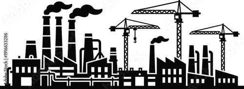 Industrial Factory Silhouette with Construction Cranes