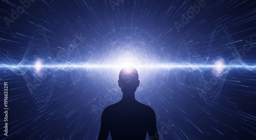A silhouette in a meditative pose features seven glowing chakras against a cosmic backdrop with horizontal light frequency waves.