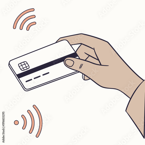 Hand holding contactless credit card for payment, NFC icon