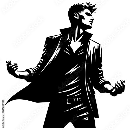 Dynamic Confidence: A sleek silhouette of a man exudes confidence and stylish flair, with bold lines and a striking pose.