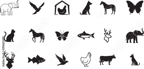 Animal silhouette collection showcasing diverse wildlife species farm animals birds and marine life in a minimalist graphic style