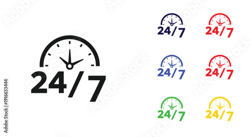 Colorful clock icons representing 24 7 availability as a bold silhouette