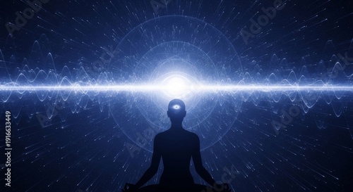 A silhouette in a meditative pose features seven glowing chakras against a cosmic backdrop, with horizontal light-frequency waves.