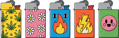 Colorful disposable lighter collection with decorative patterns, symbols, and playful icons illustrated in bold modern flat vector style
