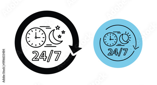 Round icons depicting 24 7 availability with day and night silhouette