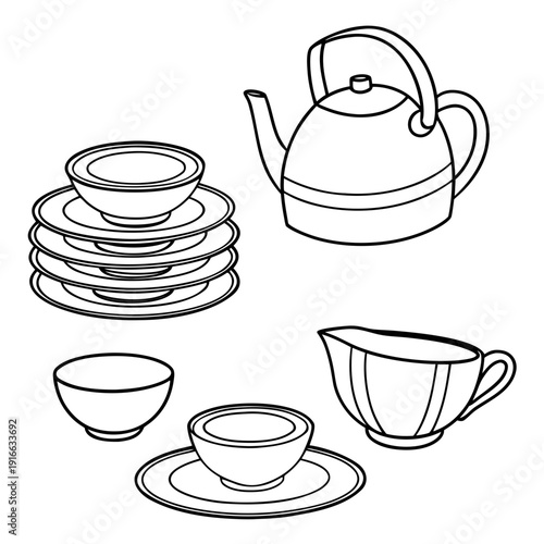 Set of Vintage Tea Set Elements: Kettle, Cups, Saucers, Pitcher