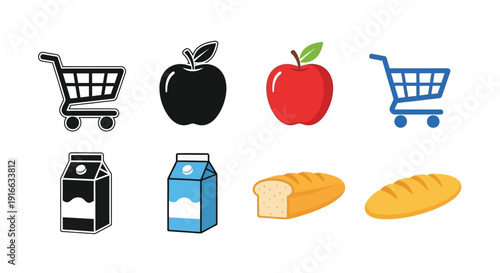 Grocery items including apples bread milk and carts a silhouette